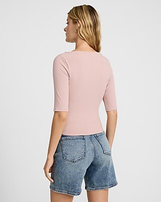 Fitted Ribbed Boat Neck Elbow Sleeve Tee