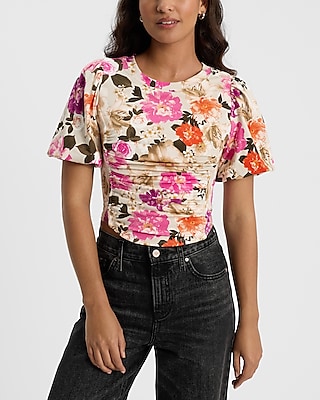 Floral Puff Sleeve Corset Cropped Tee