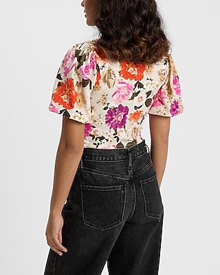 Floral Puff Sleeve Corset Cropped Tee