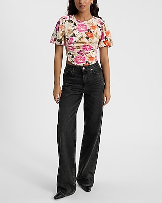 Floral Puff Sleeve Corset Cropped Tee