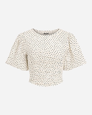 Polka Dot Crew Neck Puff Sleeve Ruched Cropped Tee