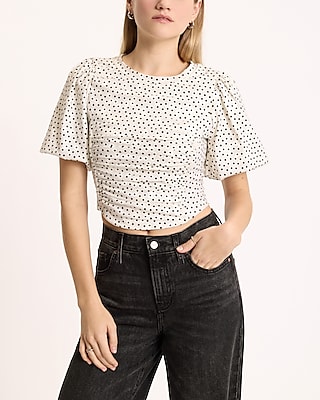 Polka Dot Crew Neck Puff Sleeve Ruched Cropped Tee