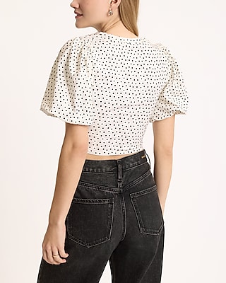 Polka Dot Crew Neck Puff Sleeve Ruched Cropped Tee