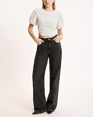 Polka Dot Crew Neck Puff Sleeve Ruched Cropped Tee