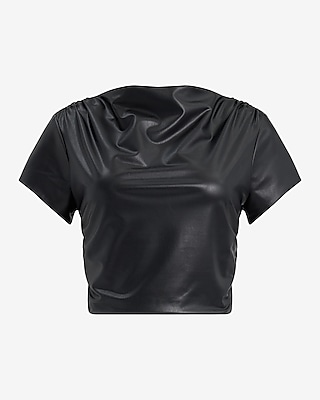 Faux Leather Short Sleeve Ruched  Cropped Tee