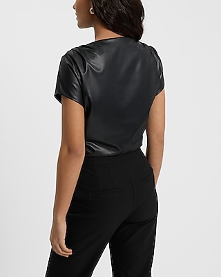 Faux Leather Short Sleeve Ruched  Cropped Tee