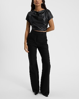 Faux Leather Short Sleeve Ruched  Cropped Tee