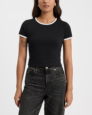 Body Contour Stretch Cotton Crew Neck Tipped Cropped Tee