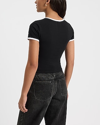 Body Contour Stretch Cotton Crew Neck Tipped Cropped Tee