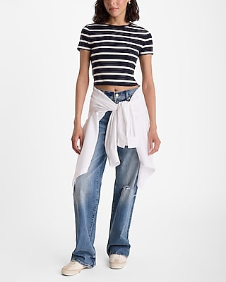 Fitted Ribbed Crew Neck Short Sleeve Cropped Tee