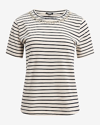 Skimming Striped Embellished Crew Neck Tee