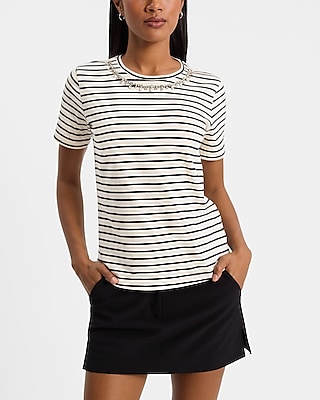 Skimming Striped Embellished Crew Neck Tee