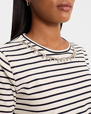 Skimming Striped Embellished Crew Neck Tee