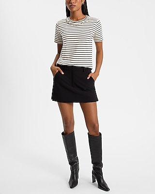 Skimming Striped Embellished Crew Neck Tee