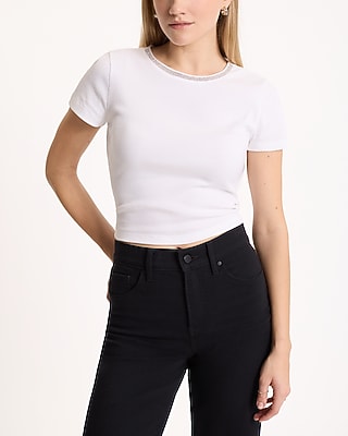 EX SS FITTED RIB CREW CROP TEE EMB 8612544:TRUE WHITE:S