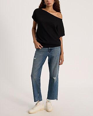 Short Sleeve Asymmetrical Off The Shoulder Sweatshirt | Express