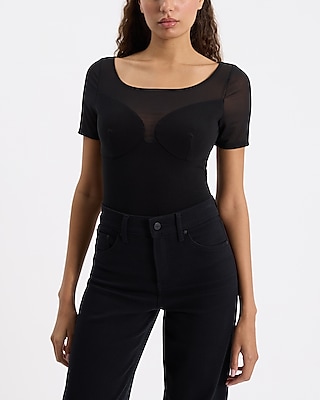 Fitted Mesh Crew Neck Short Sleeve Bodysuit