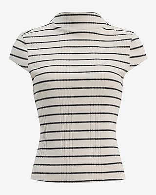 Striped Ribbed Mock Neck Cap Sleeve Tee Stretch Cotton