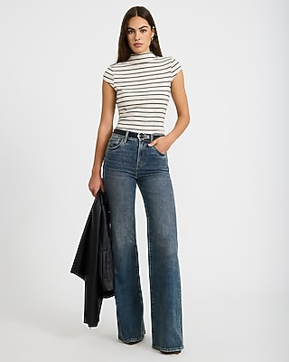 Striped Ribbed Mock Neck Cap Sleeve Tee Stretch Cotton