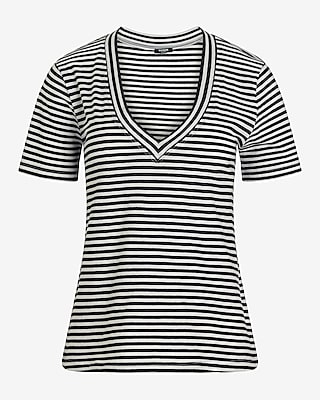 Skimming Striped Cotton V-Neck Short Sleeve Tee