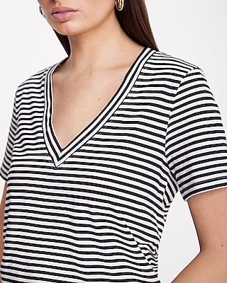 Skimming Striped Cotton V-Neck Short Sleeve Tee