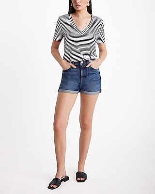 Skimming Striped Cotton V-Neck Short Sleeve Tee