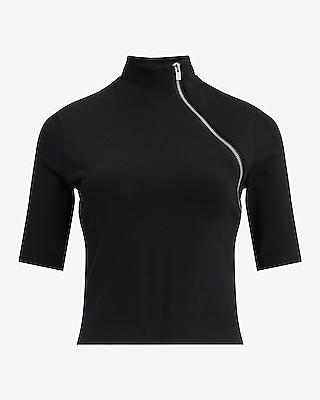 Body Contour Stretch Cotton Zip Mock Neck Elbow Sleeve Tee