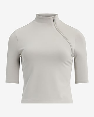 Body Contour Stretch Cotton Zip Mock Neck Elbow Sleeve Tee