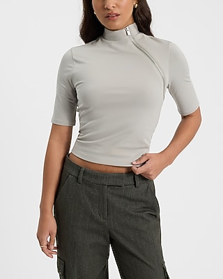 Body Contour Stretch Cotton Zip Mock Neck Elbow Sleeve Tee