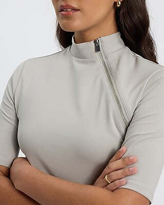 Body Contour Stretch Cotton Zip Mock Neck Elbow Sleeve Tee