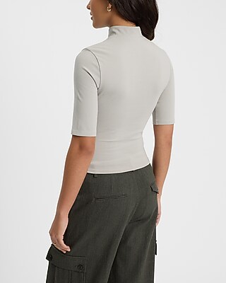 Body Contour Stretch Cotton Zip Mock Neck Elbow Sleeve Tee