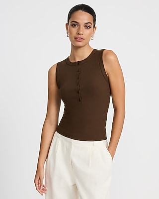 Ribbed Crew Neck Button Front Knit Tank