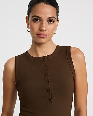 Ribbed Crew Neck Button Front Knit Tank