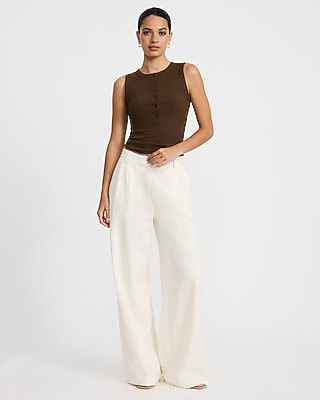 Ribbed Crew Neck Button Front Knit Tank