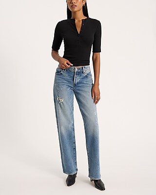 Fitted Ribbed Elbow Sleeve Henley Tee