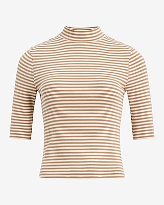 Striped Ribbed Mock Neck Elbow Sleeve Tee