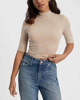 Striped Ribbed Mock Neck Elbow Sleeve Tee