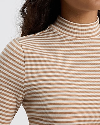 Striped Ribbed Mock Neck Elbow Sleeve Tee