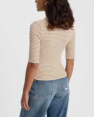 Striped Ribbed Mock Neck Elbow Sleeve Tee