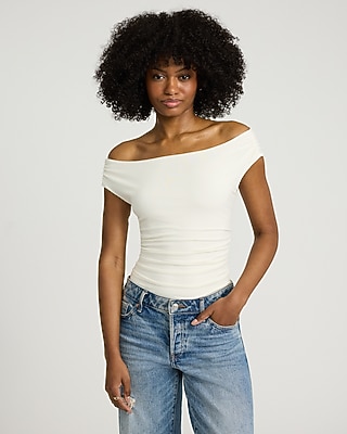 Body Contour Light Compression Stretch Cotton Off The Shoulder Ruched Bodysuit