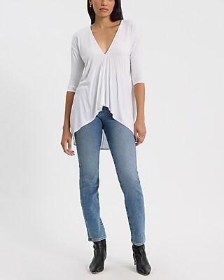 V-Neck Elbow Sleeve Draped Front Hi Lo Tee - image 3