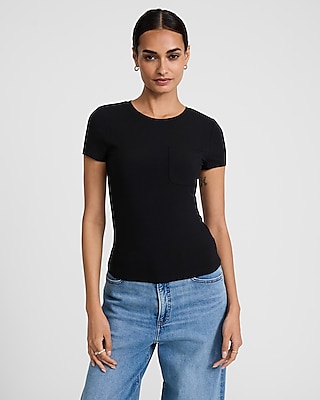 Fitted Ribbed Crew Neck Short Sleeve Pocket Tee