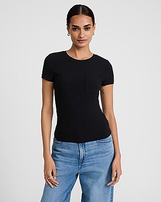 Fitted Ribbed Crew Neck Short Sleeve Pocket Tee