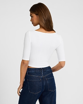 Fitted Ribbed Scoop Neck Elbow Sleeve Tee