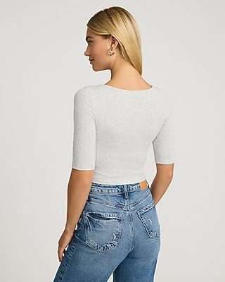 Fitted Ribbed Scoop Neck Elbow Sleeve Tee