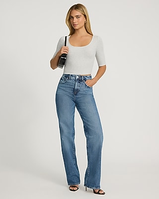 Fitted Ribbed Scoop Neck Elbow Sleeve Tee