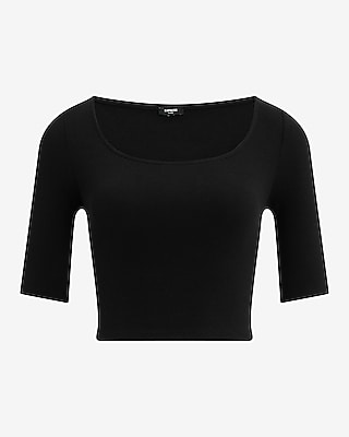 Fitted Ribbed Scoop Neck Elbow Sleeve Tee