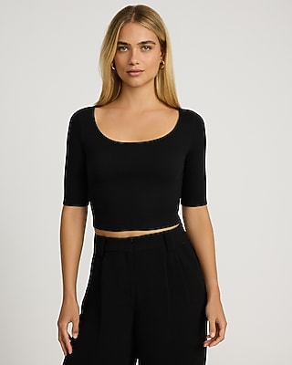 Fitted Ribbed Scoop Neck Elbow Sleeve Tee