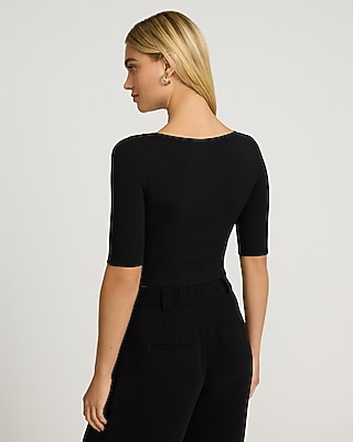 Fitted Ribbed Scoop Neck Elbow Sleeve Tee