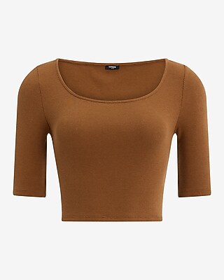 Fitted Ribbed Scoop Neck Elbow Sleeve Tee